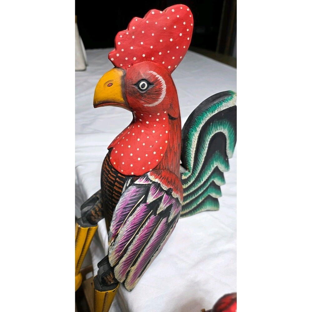 SHELF SITTER vtg mexican folk art rooster chicken kitchen farm decor carved wood